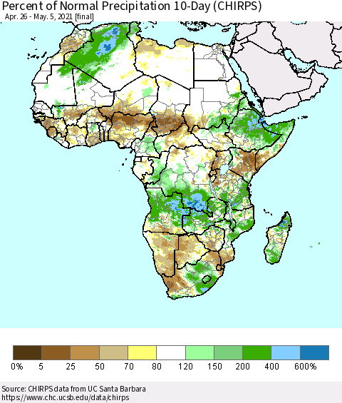 Africa Percent of Normal Precipitation 10-Day (CHIRPS) Thematic Map For 4/26/2021 - 5/5/2021