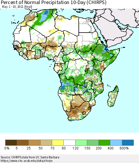 Africa Percent of Normal Precipitation 10-Day (CHIRPS) Thematic Map For 5/1/2021 - 5/10/2021