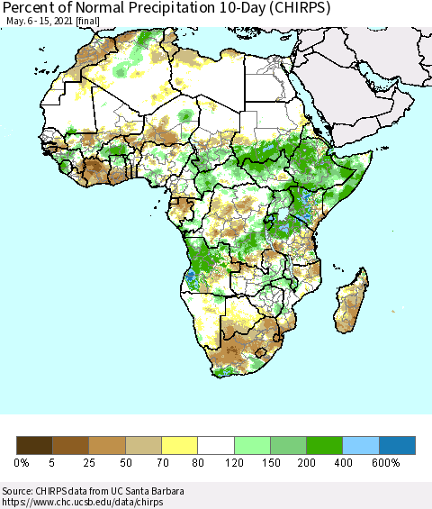 Africa Percent of Normal Precipitation 10-Day (CHIRPS) Thematic Map For 5/6/2021 - 5/15/2021