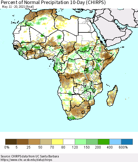Africa Percent of Normal Precipitation 10-Day (CHIRPS) Thematic Map For 5/11/2021 - 5/20/2021