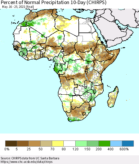 Africa Percent of Normal Precipitation 10-Day (CHIRPS) Thematic Map For 5/16/2021 - 5/25/2021