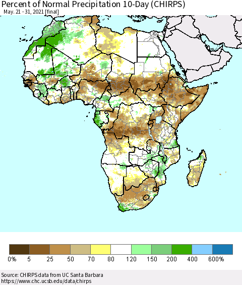 Africa Percent of Normal Precipitation 10-Day (CHIRPS) Thematic Map For 5/21/2021 - 5/31/2021