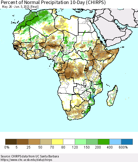 Africa Percent of Normal Precipitation 10-Day (CHIRPS) Thematic Map For 5/26/2021 - 6/5/2021