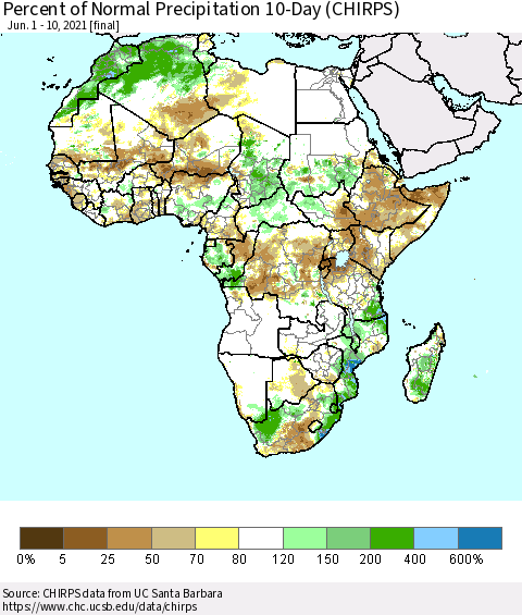 Africa Percent of Normal Precipitation 10-Day (CHIRPS) Thematic Map For 6/1/2021 - 6/10/2021