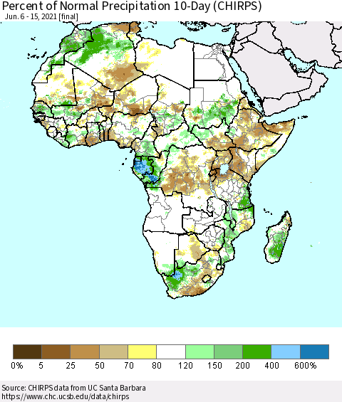 Africa Percent of Normal Precipitation 10-Day (CHIRPS) Thematic Map For 6/6/2021 - 6/15/2021