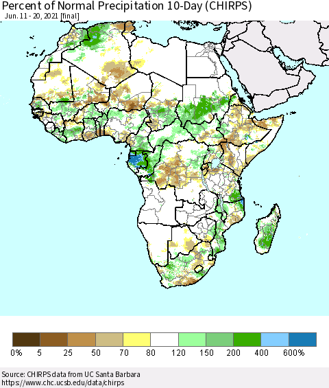 Africa Percent of Normal Precipitation 10-Day (CHIRPS) Thematic Map For 6/11/2021 - 6/20/2021