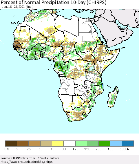 Africa Percent of Normal Precipitation 10-Day (CHIRPS) Thematic Map For 6/16/2021 - 6/25/2021