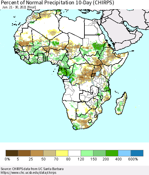 Africa Percent of Normal Precipitation 10-Day (CHIRPS) Thematic Map For 6/21/2021 - 6/30/2021