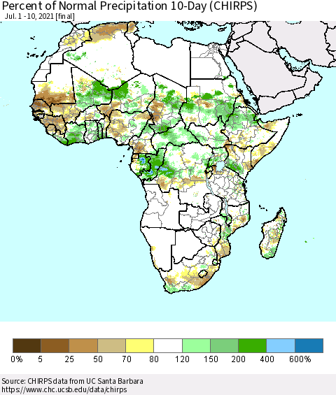 Africa Percent of Normal Precipitation 10-Day (CHIRPS) Thematic Map For 7/1/2021 - 7/10/2021