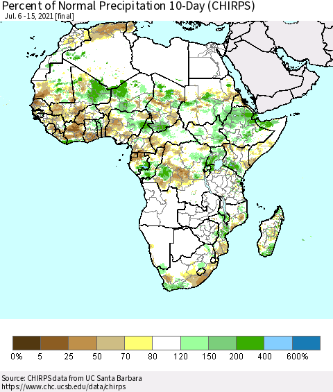 Africa Percent of Normal Precipitation 10-Day (CHIRPS) Thematic Map For 7/6/2021 - 7/15/2021