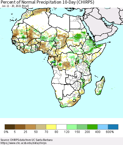Africa Percent of Normal Precipitation 10-Day (CHIRPS) Thematic Map For 7/11/2021 - 7/20/2021