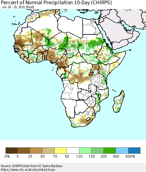 Africa Percent of Normal Precipitation 10-Day (CHIRPS) Thematic Map For 7/16/2021 - 7/25/2021