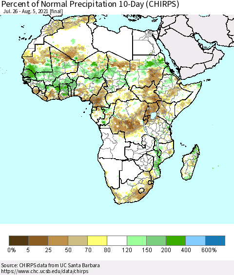 Africa Percent of Normal Precipitation 10-Day (CHIRPS) Thematic Map For 7/26/2021 - 8/5/2021