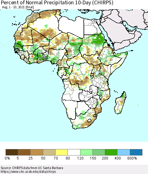 Africa Percent of Normal Precipitation 10-Day (CHIRPS) Thematic Map For 8/1/2021 - 8/10/2021
