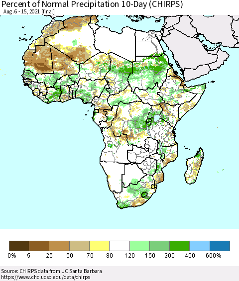 Africa Percent of Normal Precipitation 10-Day (CHIRPS) Thematic Map For 8/6/2021 - 8/15/2021
