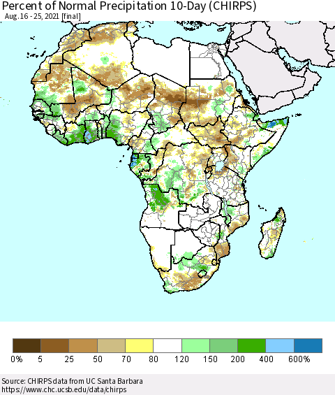 Africa Percent of Normal Precipitation 10-Day (CHIRPS) Thematic Map For 8/16/2021 - 8/25/2021