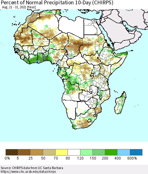 Africa Percent of Normal Precipitation 10-Day (CHIRPS) Thematic Map For 8/21/2021 - 8/31/2021