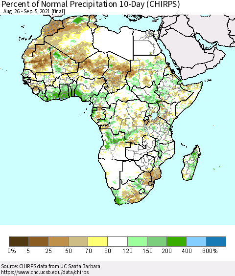 Africa Percent of Normal Precipitation 10-Day (CHIRPS) Thematic Map For 8/26/2021 - 9/5/2021