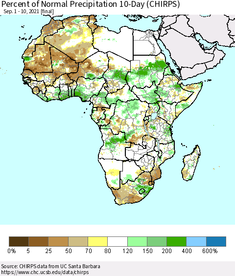 Africa Percent of Normal Precipitation 10-Day (CHIRPS) Thematic Map For 9/1/2021 - 9/10/2021