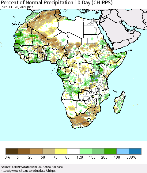 Africa Percent of Normal Precipitation 10-Day (CHIRPS) Thematic Map For 9/11/2021 - 9/20/2021
