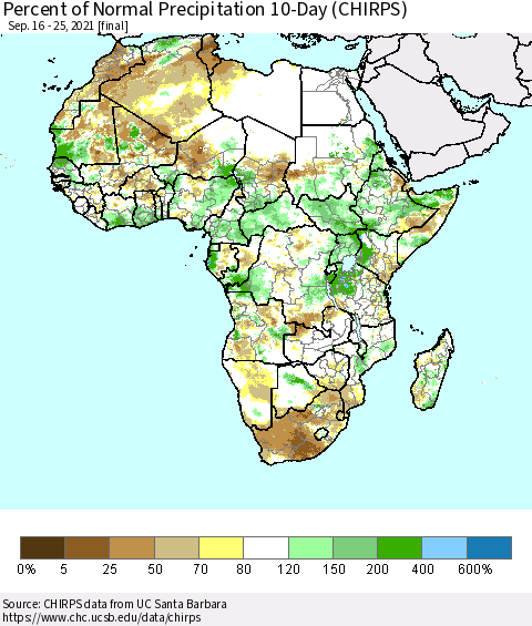 Africa Percent of Normal Precipitation 10-Day (CHIRPS) Thematic Map For 9/16/2021 - 9/25/2021