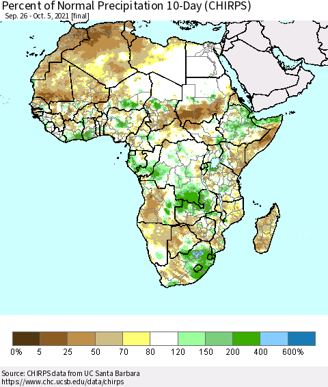 Africa Percent of Normal Precipitation 10-Day (CHIRPS) Thematic Map For 9/26/2021 - 10/5/2021