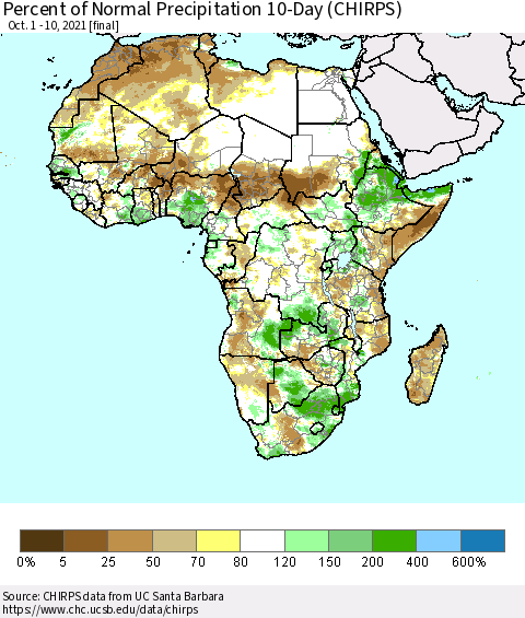 Africa Percent of Normal Precipitation 10-Day (CHIRPS) Thematic Map For 10/1/2021 - 10/10/2021