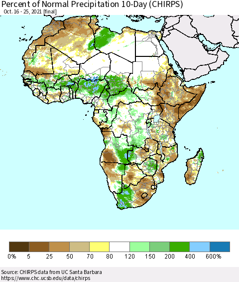 Africa Percent of Normal Precipitation 10-Day (CHIRPS) Thematic Map For 10/16/2021 - 10/25/2021