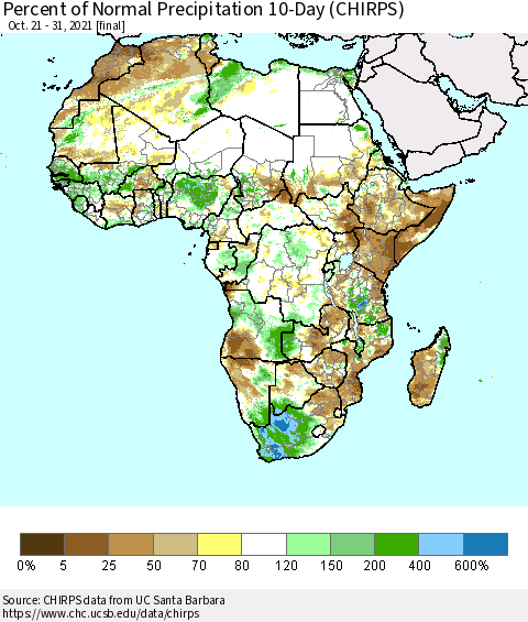 Africa Percent of Normal Precipitation 10-Day (CHIRPS) Thematic Map For 10/21/2021 - 10/31/2021