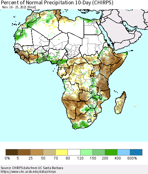 Africa Percent of Normal Precipitation 10-Day (CHIRPS) Thematic Map For 11/16/2021 - 11/25/2021