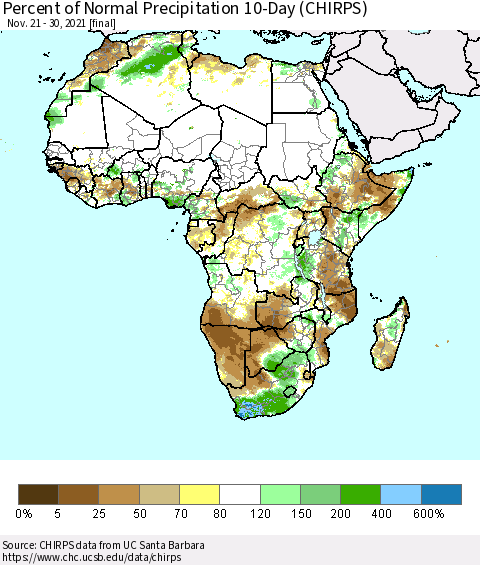 Africa Percent of Normal Precipitation 10-Day (CHIRPS) Thematic Map For 11/21/2021 - 11/30/2021