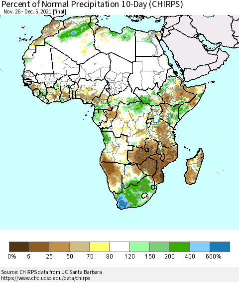 Africa Percent of Normal Precipitation 10-Day (CHIRPS) Thematic Map For 11/26/2021 - 12/5/2021