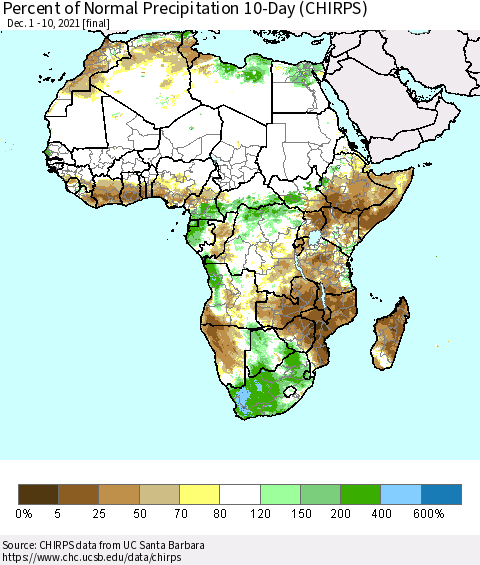 Africa Percent of Normal Precipitation 10-Day (CHIRPS) Thematic Map For 12/1/2021 - 12/10/2021