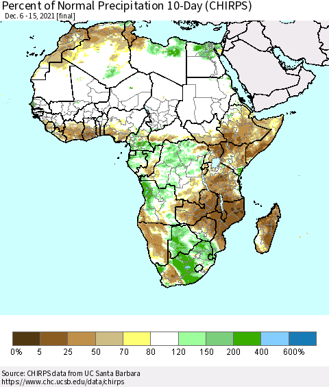 Africa Percent of Normal Precipitation 10-Day (CHIRPS) Thematic Map For 12/6/2021 - 12/15/2021