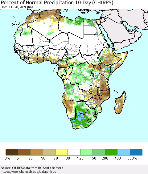 Africa Percent of Normal Precipitation 10-Day (CHIRPS) Thematic Map For 12/11/2021 - 12/20/2021