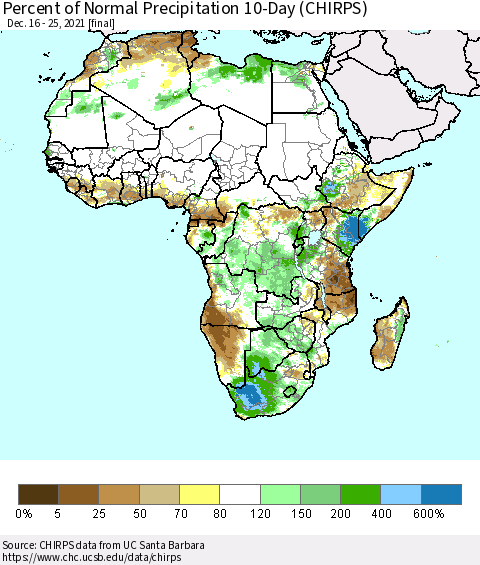 Africa Percent of Normal Precipitation 10-Day (CHIRPS) Thematic Map For 12/16/2021 - 12/25/2021