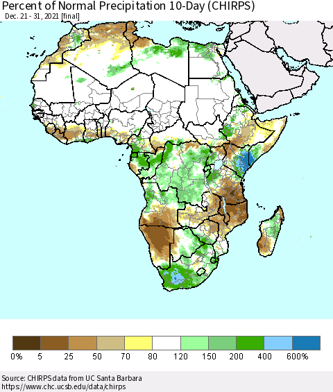 Africa Percent of Normal Precipitation 10-Day (CHIRPS) Thematic Map For 12/21/2021 - 12/31/2021