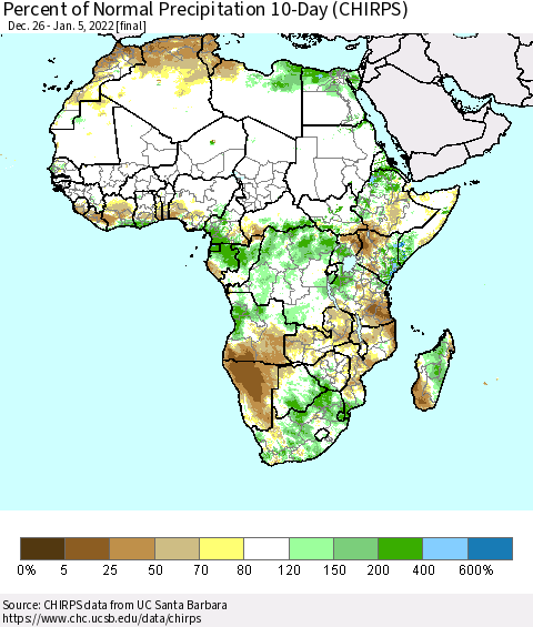 Africa Percent of Normal Precipitation 10-Day (CHIRPS) Thematic Map For 12/26/2021 - 1/5/2022