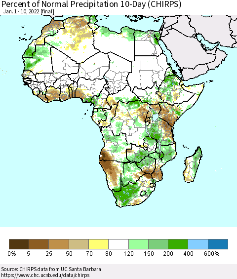 Africa Percent of Normal Precipitation 10-Day (CHIRPS) Thematic Map For 1/1/2022 - 1/10/2022