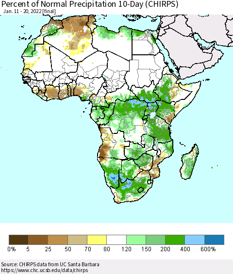 Africa Percent of Normal Precipitation 10-Day (CHIRPS) Thematic Map For 1/11/2022 - 1/20/2022