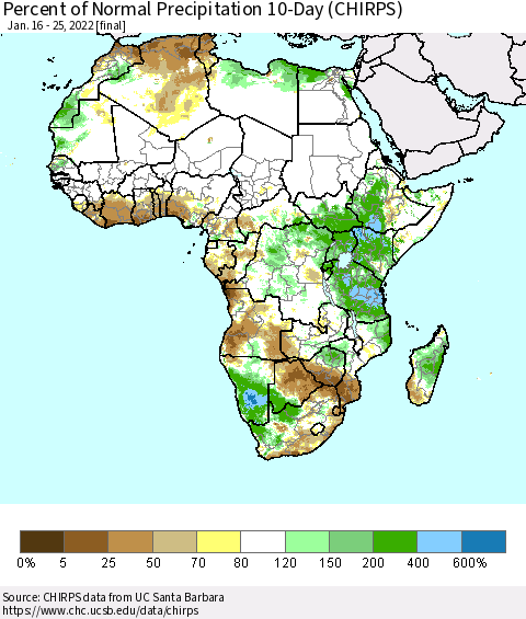 Africa Percent of Normal Precipitation 10-Day (CHIRPS) Thematic Map For 1/16/2022 - 1/25/2022