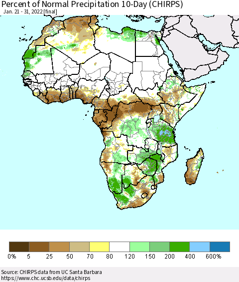 Africa Percent of Normal Precipitation 10-Day (CHIRPS) Thematic Map For 1/21/2022 - 1/31/2022
