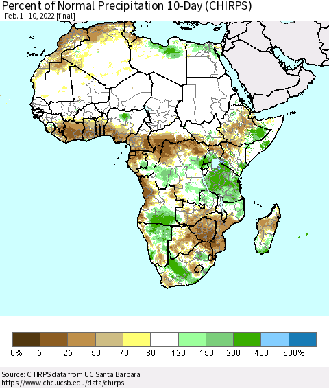 Africa Percent of Normal Precipitation 10-Day (CHIRPS) Thematic Map For 2/1/2022 - 2/10/2022