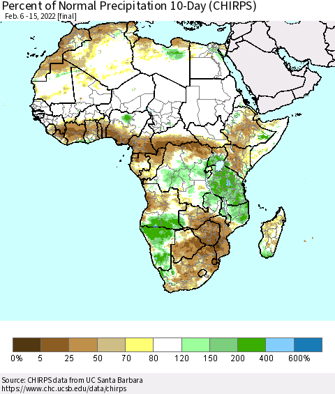 Africa Percent of Normal Precipitation 10-Day (CHIRPS) Thematic Map For 2/6/2022 - 2/15/2022