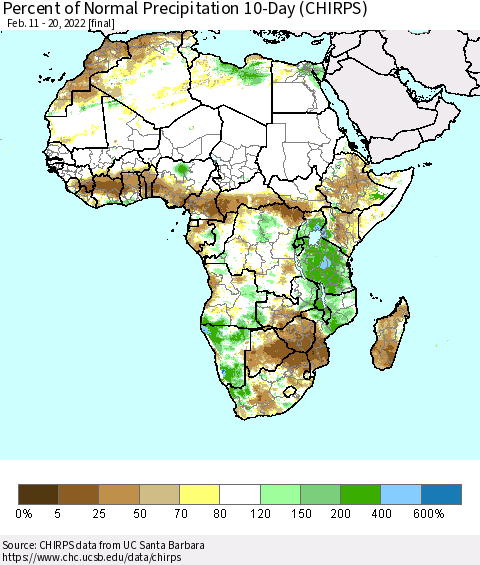 Africa Percent of Normal Precipitation 10-Day (CHIRPS) Thematic Map For 2/11/2022 - 2/20/2022