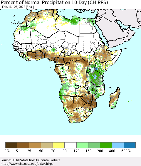Africa Percent of Normal Precipitation 10-Day (CHIRPS) Thematic Map For 2/16/2022 - 2/25/2022