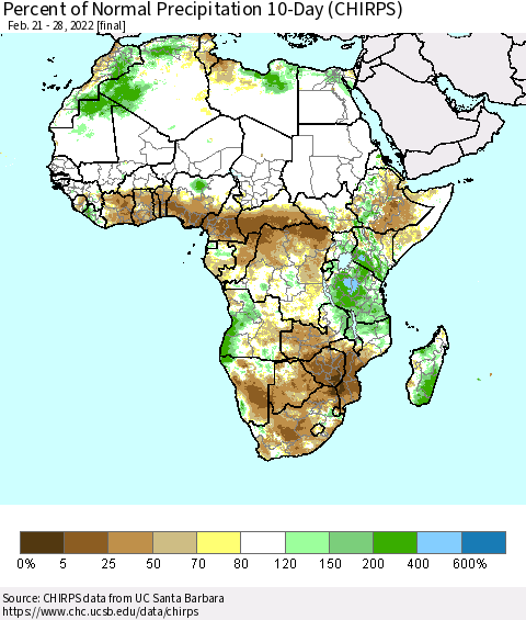 Africa Percent of Normal Precipitation 10-Day (CHIRPS) Thematic Map For 2/21/2022 - 2/28/2022
