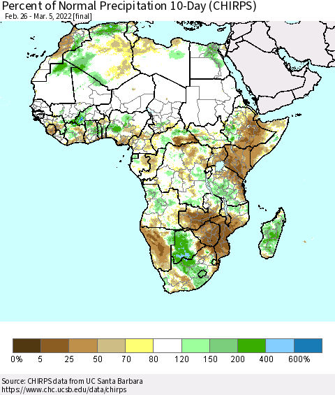 Africa Percent of Normal Precipitation 10-Day (CHIRPS) Thematic Map For 2/26/2022 - 3/5/2022