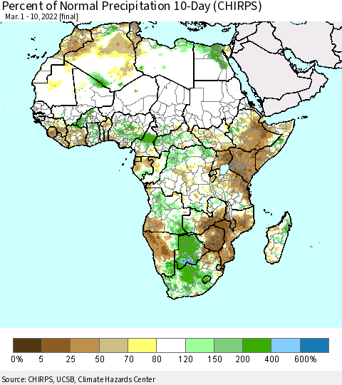 Africa Percent of Normal Precipitation 10-Day (CHIRPS) Thematic Map For 3/1/2022 - 3/10/2022