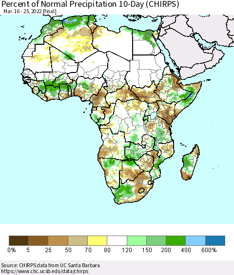 Africa Percent of Normal Precipitation 10-Day (CHIRPS) Thematic Map For 3/16/2022 - 3/25/2022
